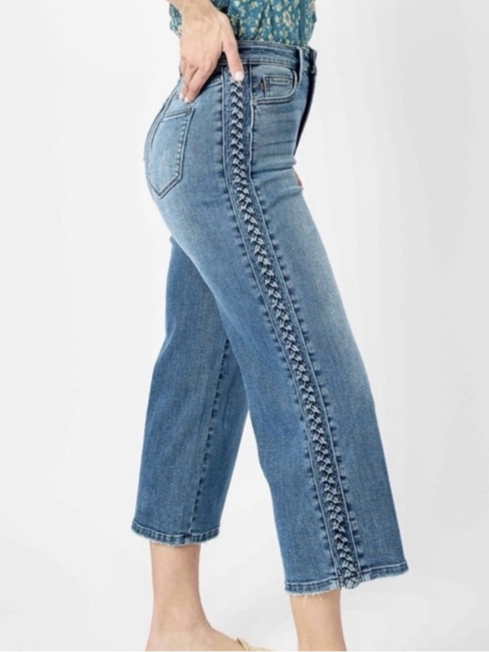 Judy Blue Medium wash Braided-Trim Wide Leg Crop Jeans